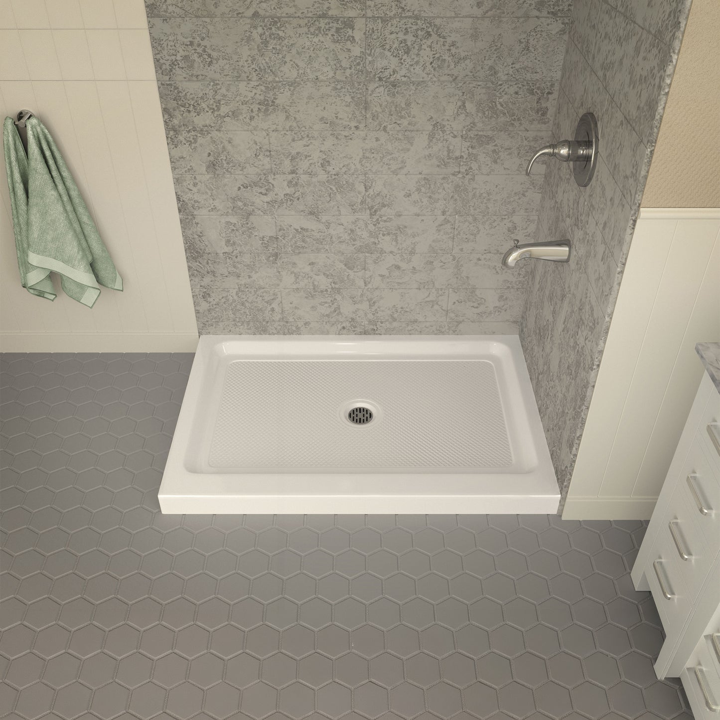 Port Base Series 36 in. L x 48 in. W Corner Shower Shower Pan Base with Center Drain in Glossy White Marine Acrylic