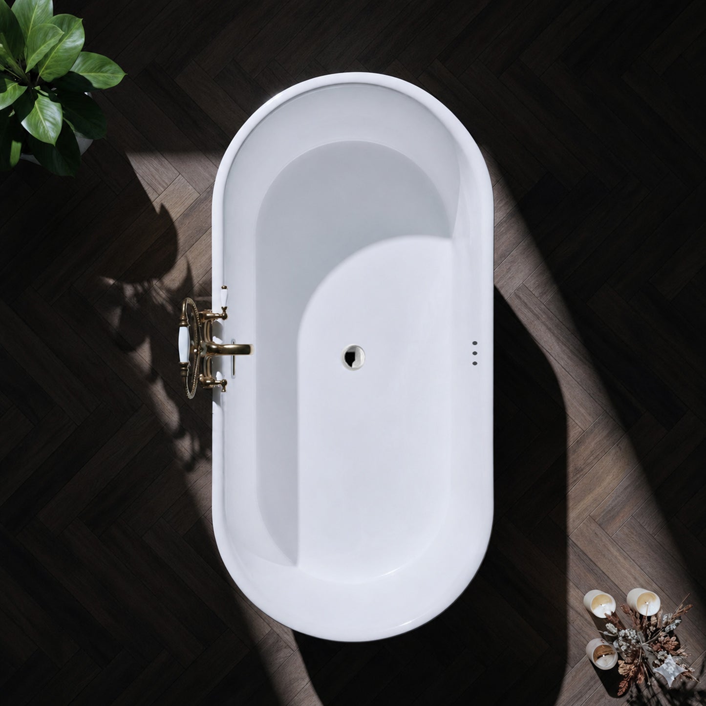 Jericho Series 67 in. x 32 in. Flat Bottom Acrylic Freestanding Air Jetted Bathtub with Center Drain in Glossy White
