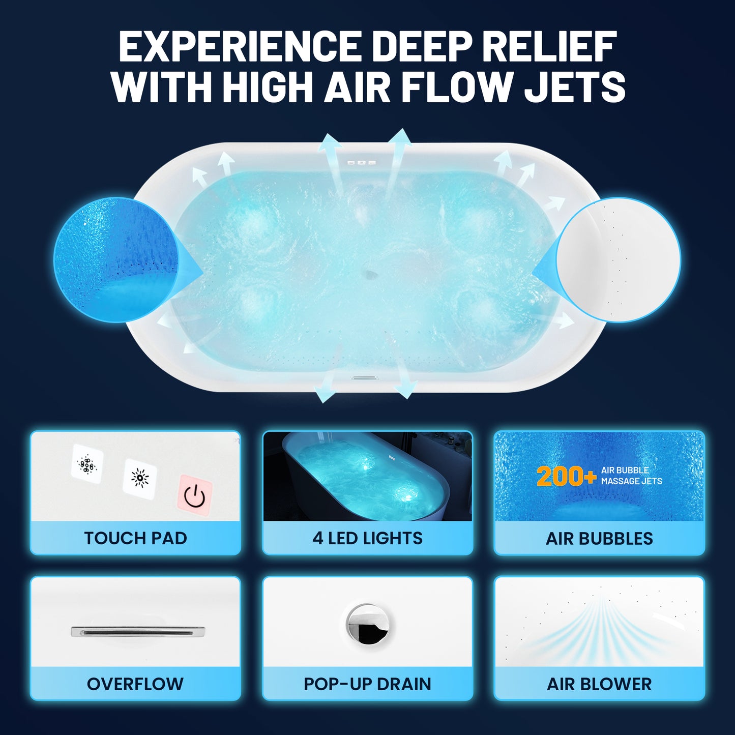 Jericho Series 67 in. x 32 in. Flat Bottom Acrylic Freestanding Air Jetted Bathtub with Center Drain in Glossy White