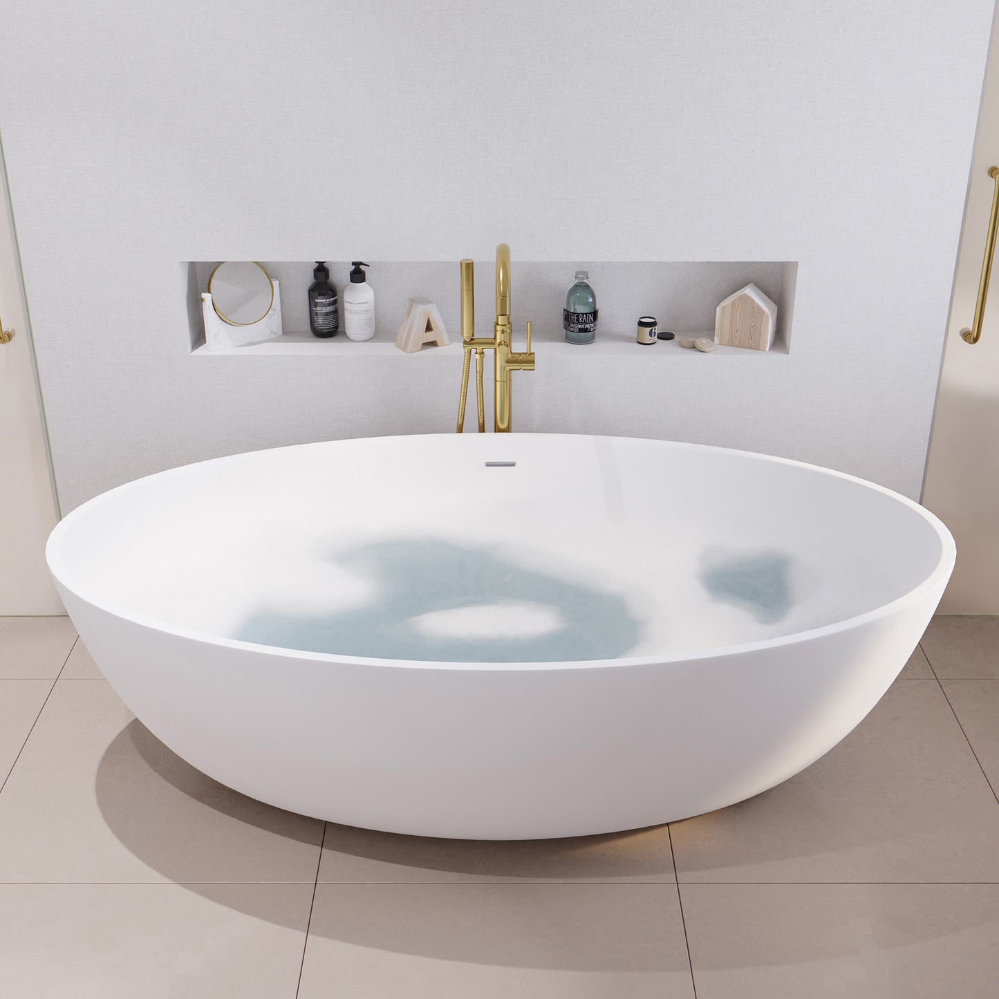 Hangiri 5.5 ft. Solid Surface Center Drain Freestanding Bathtub in Matte White