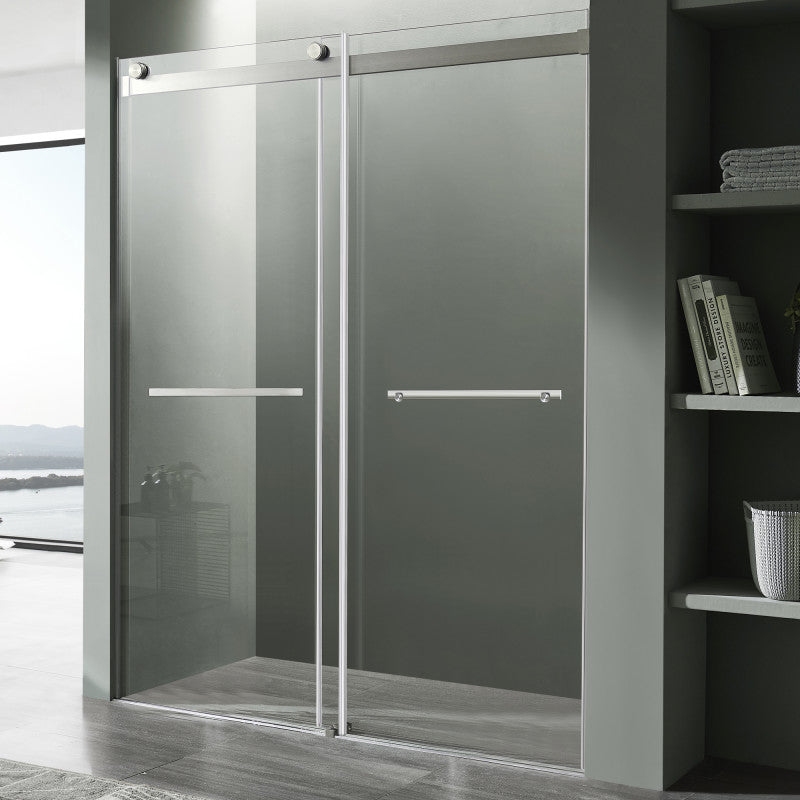 SD-FRLS05801BN - Kahn Series 48 in. x 76 in. H Sliding Frameless Shower Door in Brushed Nickel with Tsunami Guard Tempered Glass