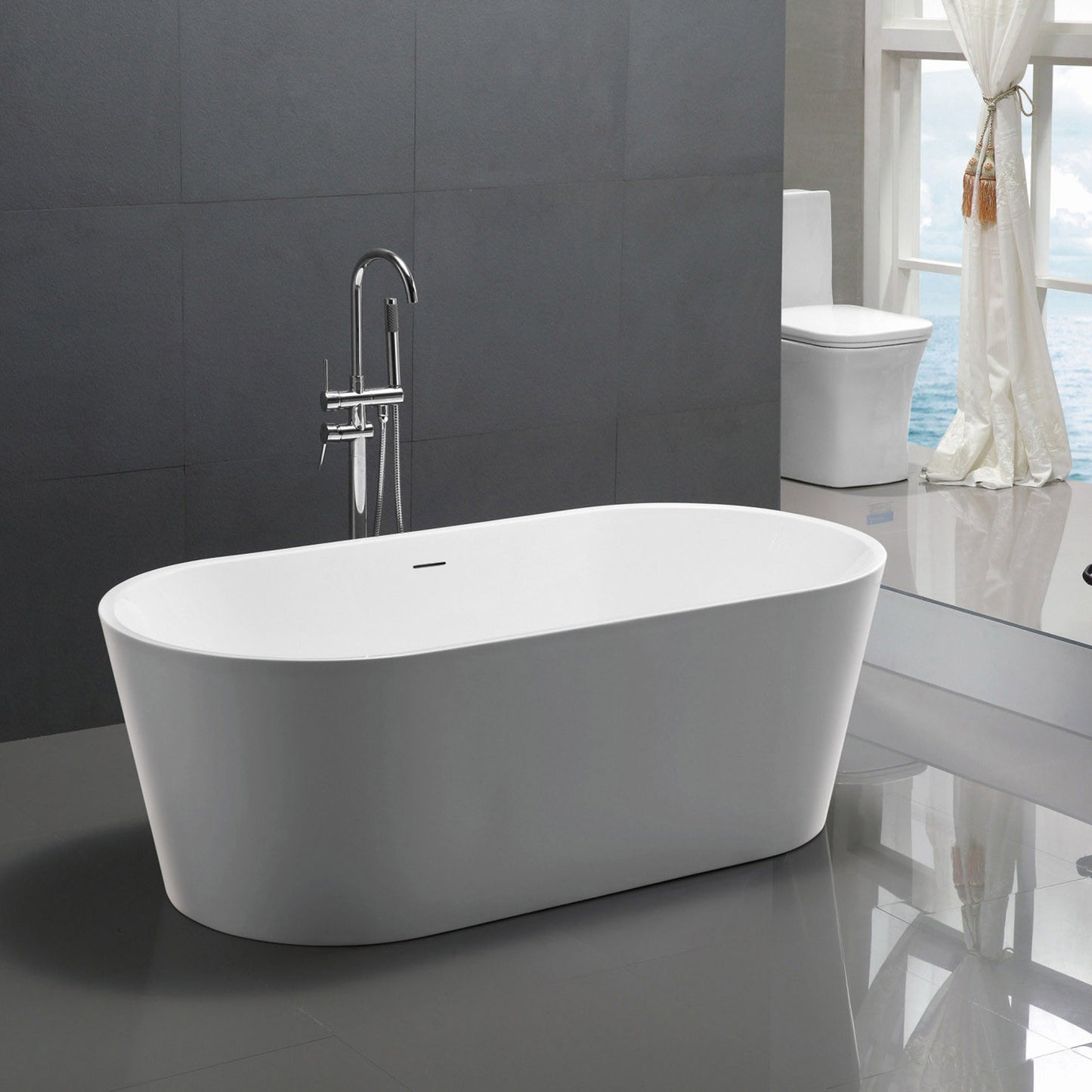 Chand Series 67 in. x 32 in. Flat Bottom Acrylic Freestanding Soaking Bathtub with Center Drain in Glossy White