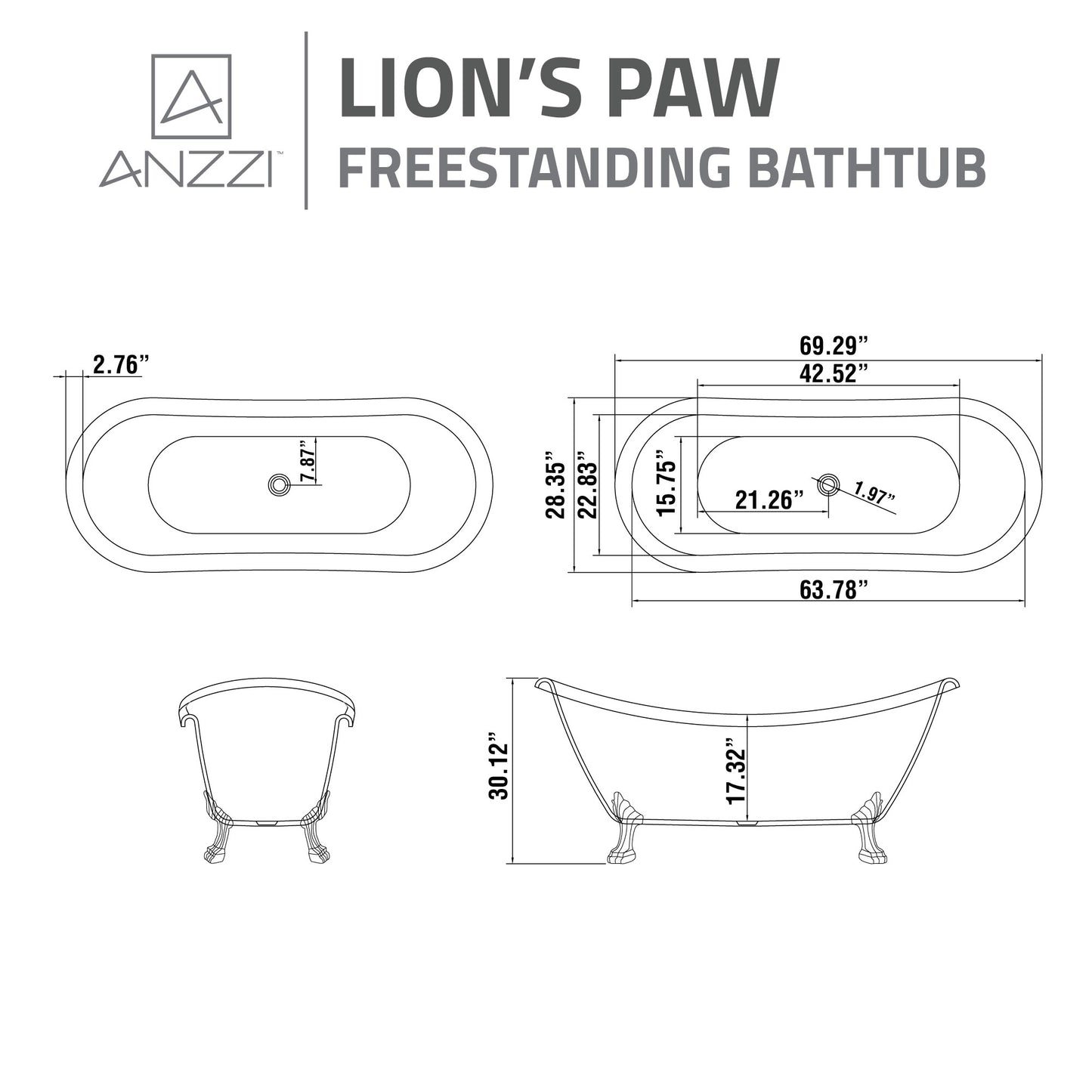 Clawfoot Series 69 in. x 28 in. Soaking Freestanding Bathtub with Center Drain in White with Polished Chrome Feet