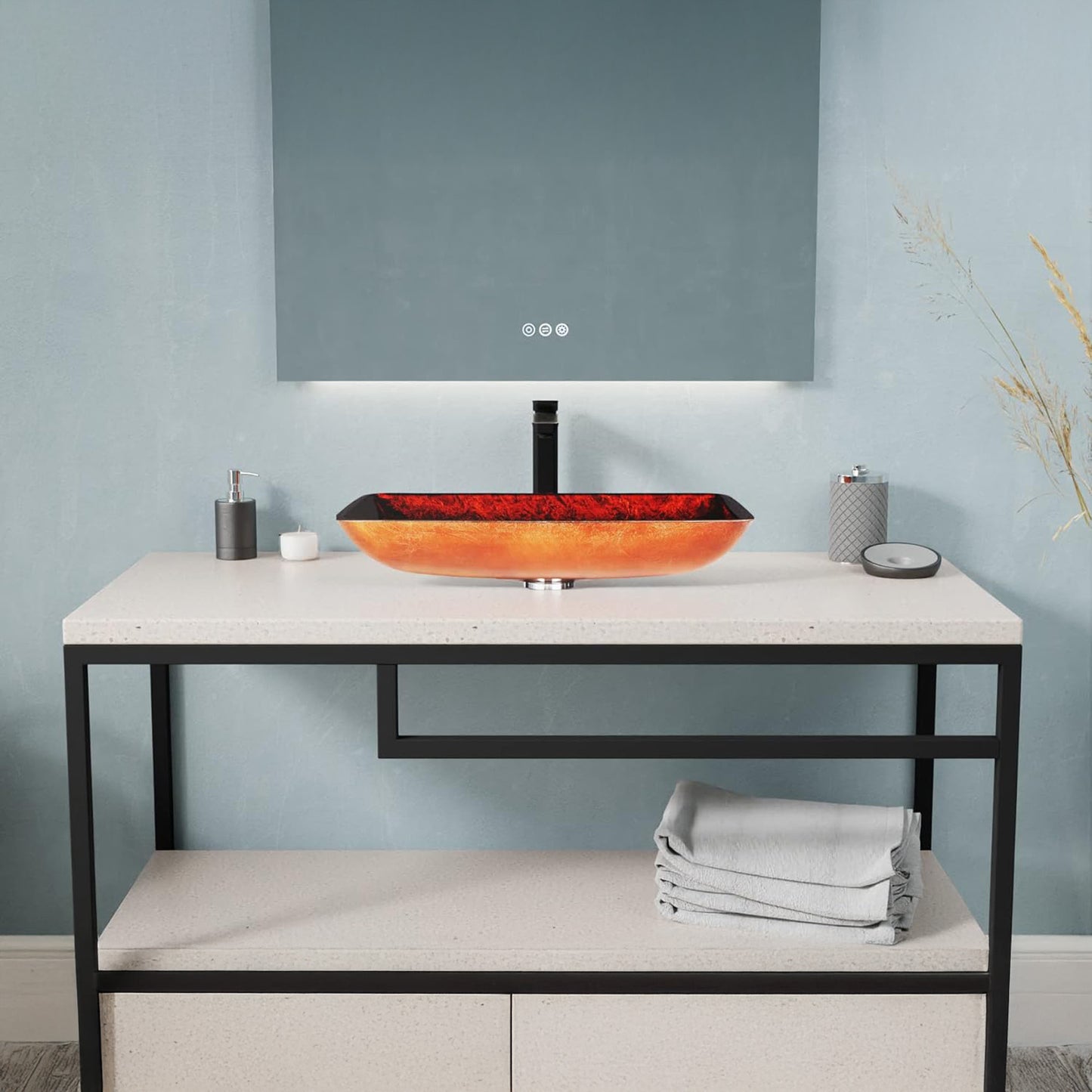 Paradiso Series 22 in. Rectangular Bathroom Vessel Sink in Celestial Bronze Finish Glass with Chrome Pop-Up Drain