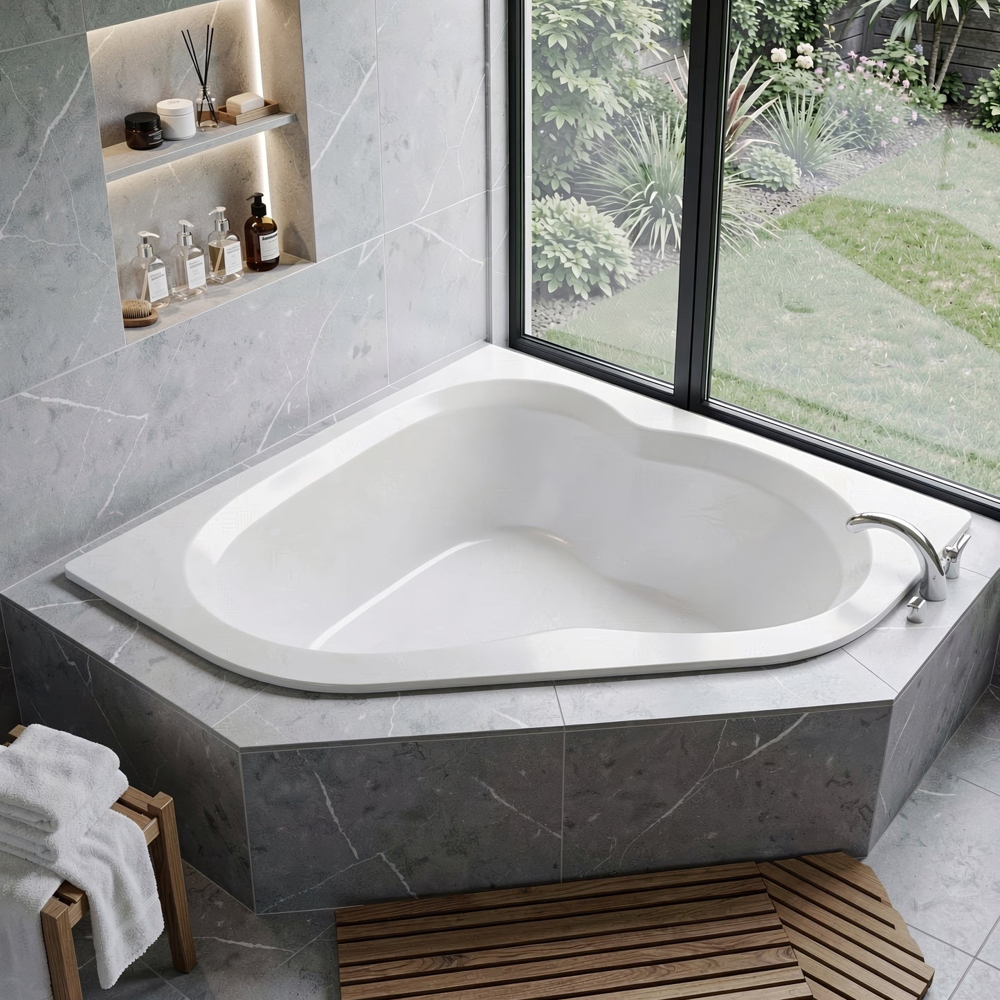 Petra 5 ft. Acrylic Center Drain Corner Bathtub in White