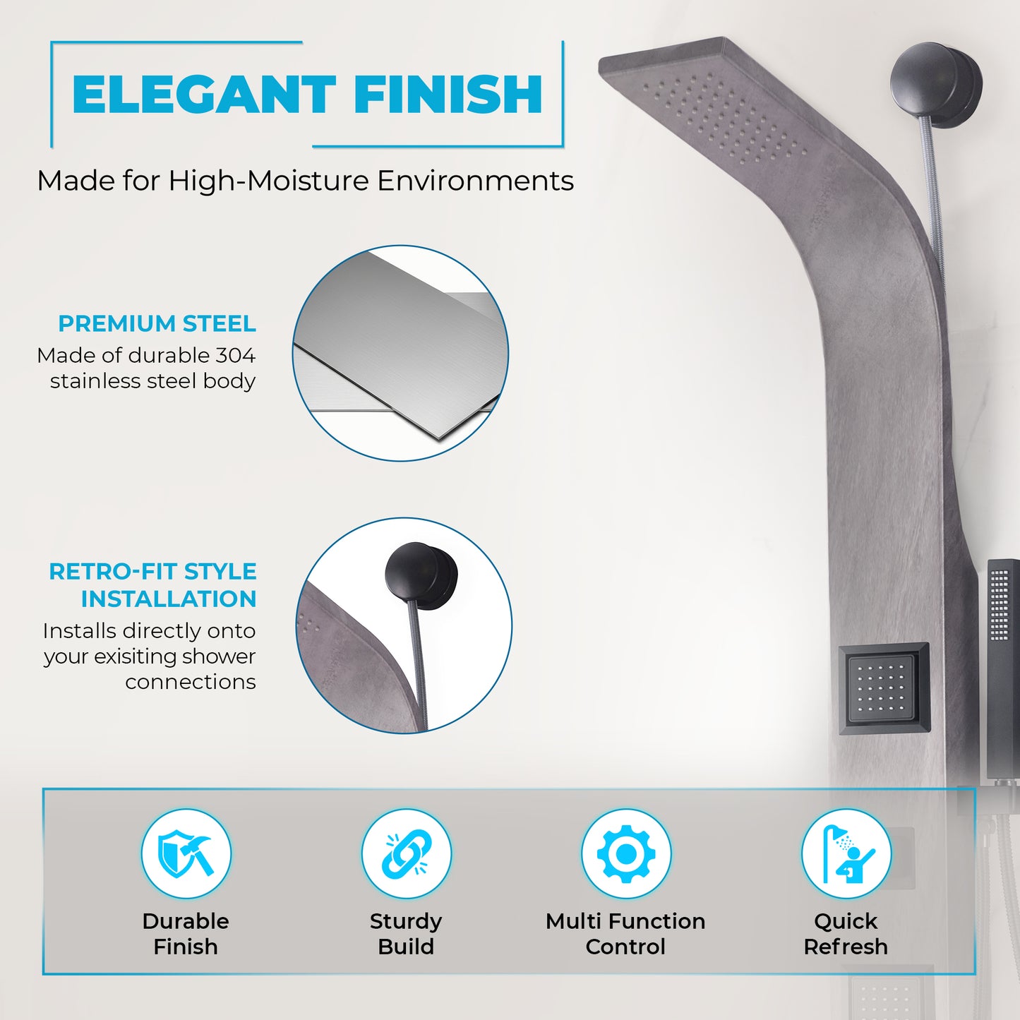 Aura 2-Jetted Shower Panel with Heavy Rain Shower & Spray Wand