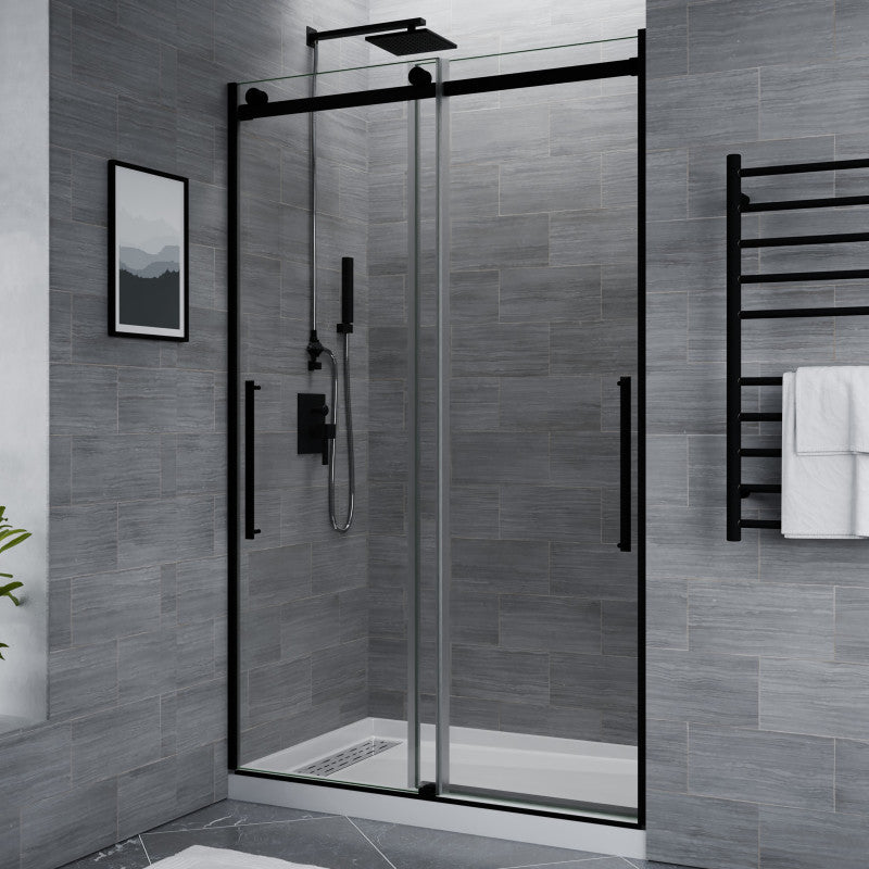 SD-FRLS05901MB - Stellar Series 48 in. x 76 in. H Sliding Frameless Shower Door in Matte Black with Tsunami Guard Tempered Glass