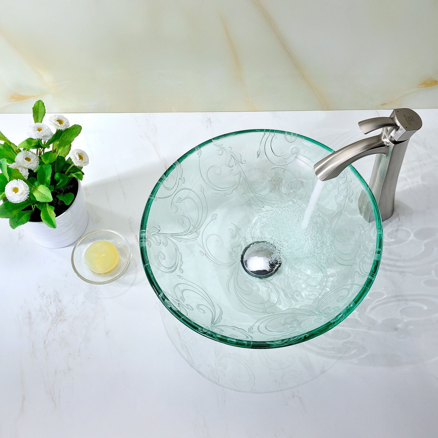 Vieno Series 17 in. Bathroom Vessel Sink with Scratch-Tough and Stain-Resistant Non-Porous Surface in Clear Floral Glass