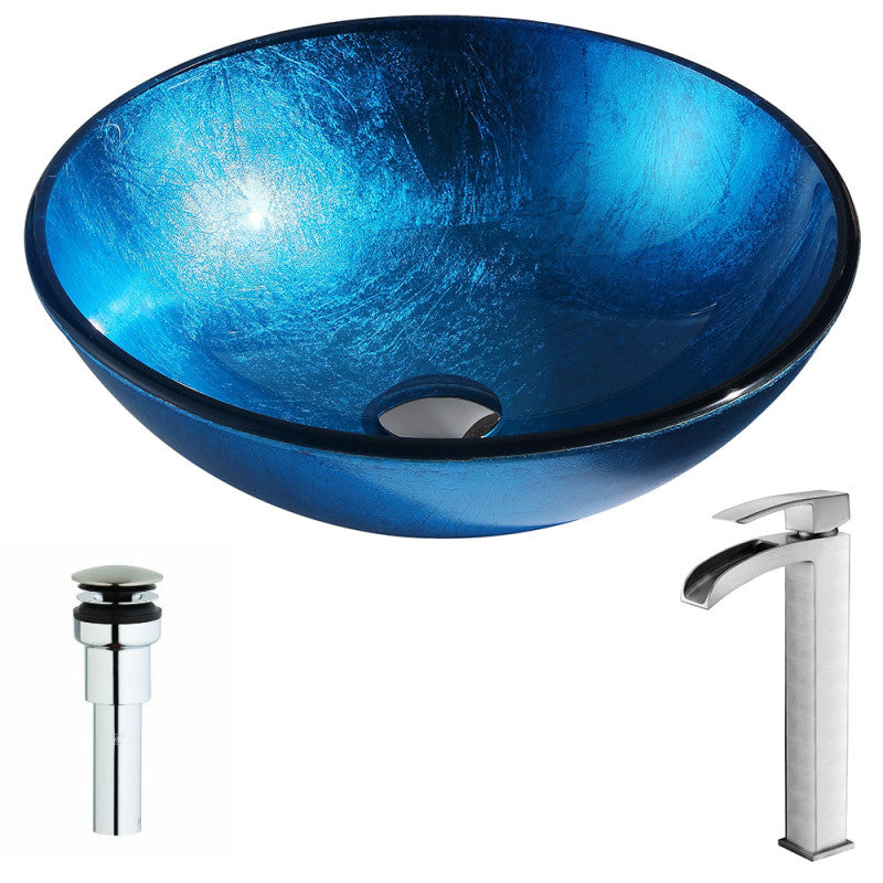 LSAZ078-097B - Arc Series Deco-Glass Vessel Sink in Lustrous Light Blue with Key Faucet in Brushed Nickel