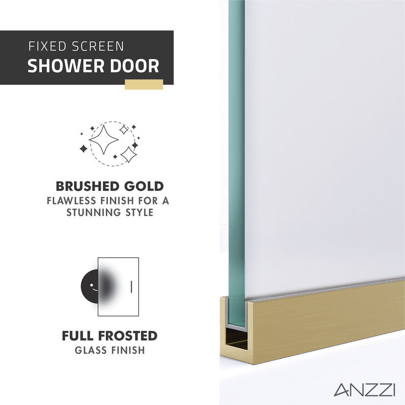 Veil Series 74 in. by 34 in. Framed Frosted Glass Shower Screen in Brushed Gold