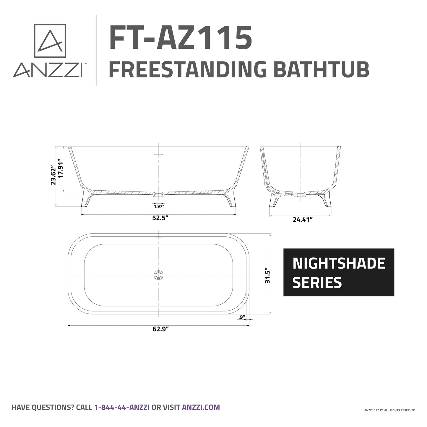 Nightshade Series 63 in. x 32 in. Soaking Freestanding Bathtub with Center Drain in Matte Black Exterior and Feet