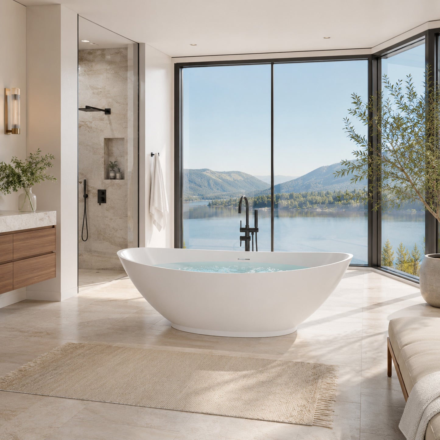 Ala Series 74 in. x 34 in. Flat Bottom Solid Surface Freestanding Soaking Bathtub with Center Drain in Matte White