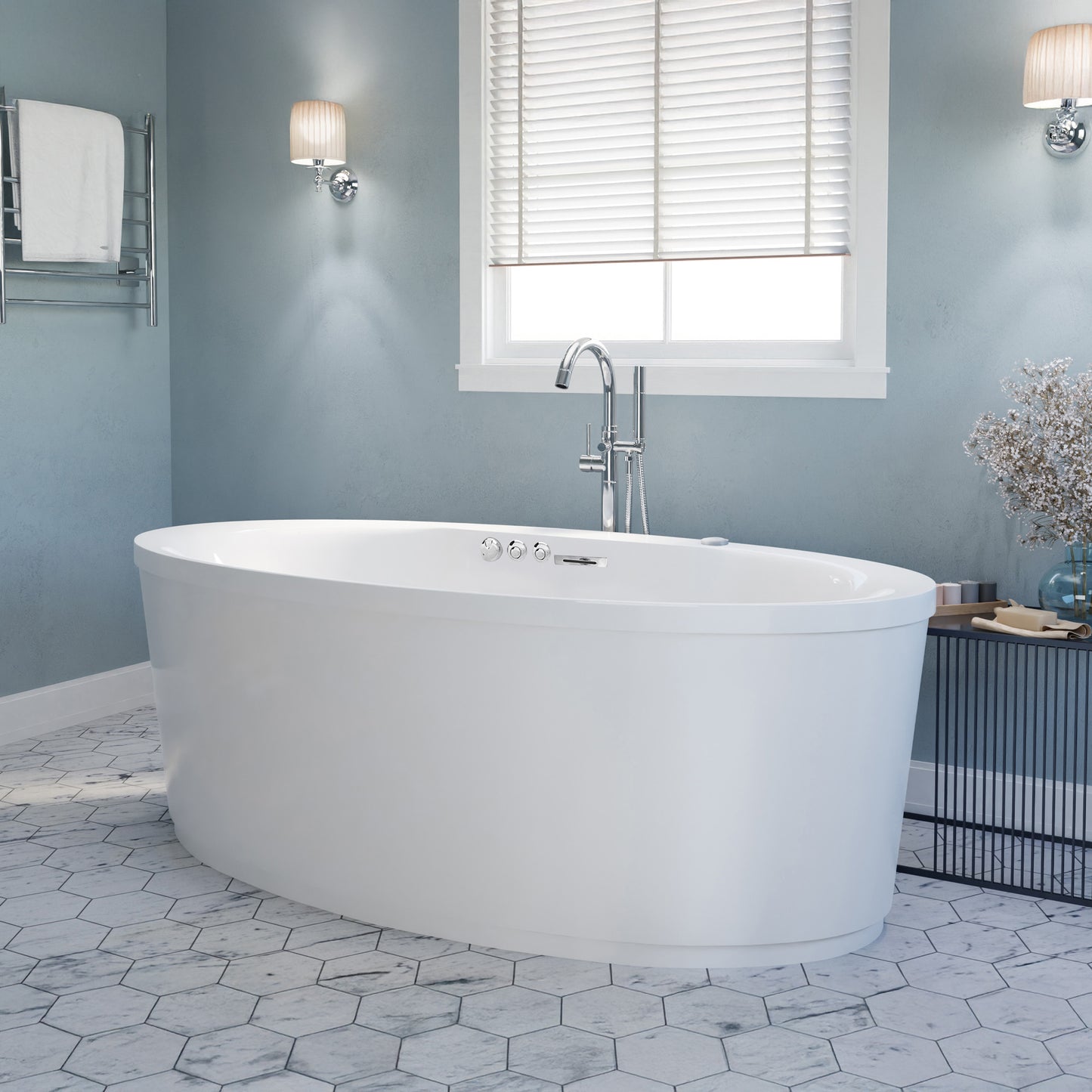 Heidi Series 67 in. x 34 in. Acrylic Combination 50 Gallon Capacity Freestanding Bathtub with Center Drain in White
