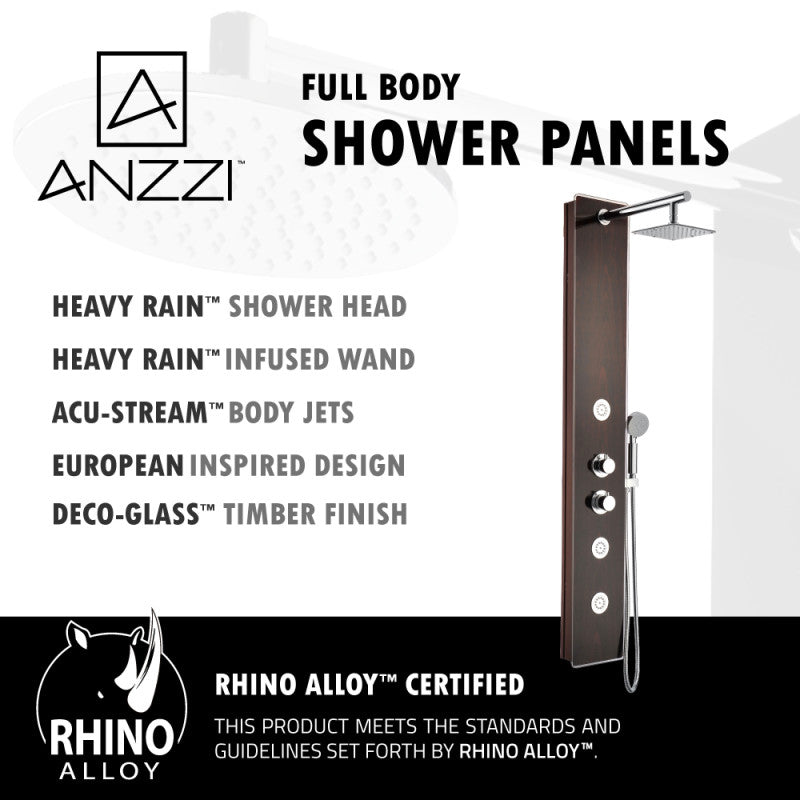 Pure 59 in. 3-Jetted Shower Panel with Heavy Rain Shower and Spray Wand in Mahogany Deco-Glass