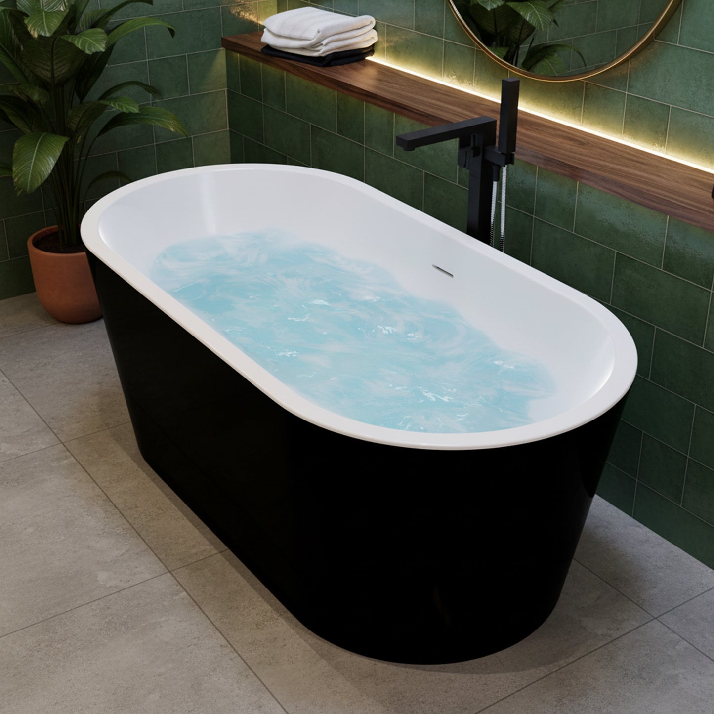 Chand Series 55 in. x 30 in. Flat Bottom Acrylic Freestanding Soaking Bathtub with Center Drain in Glossy Black