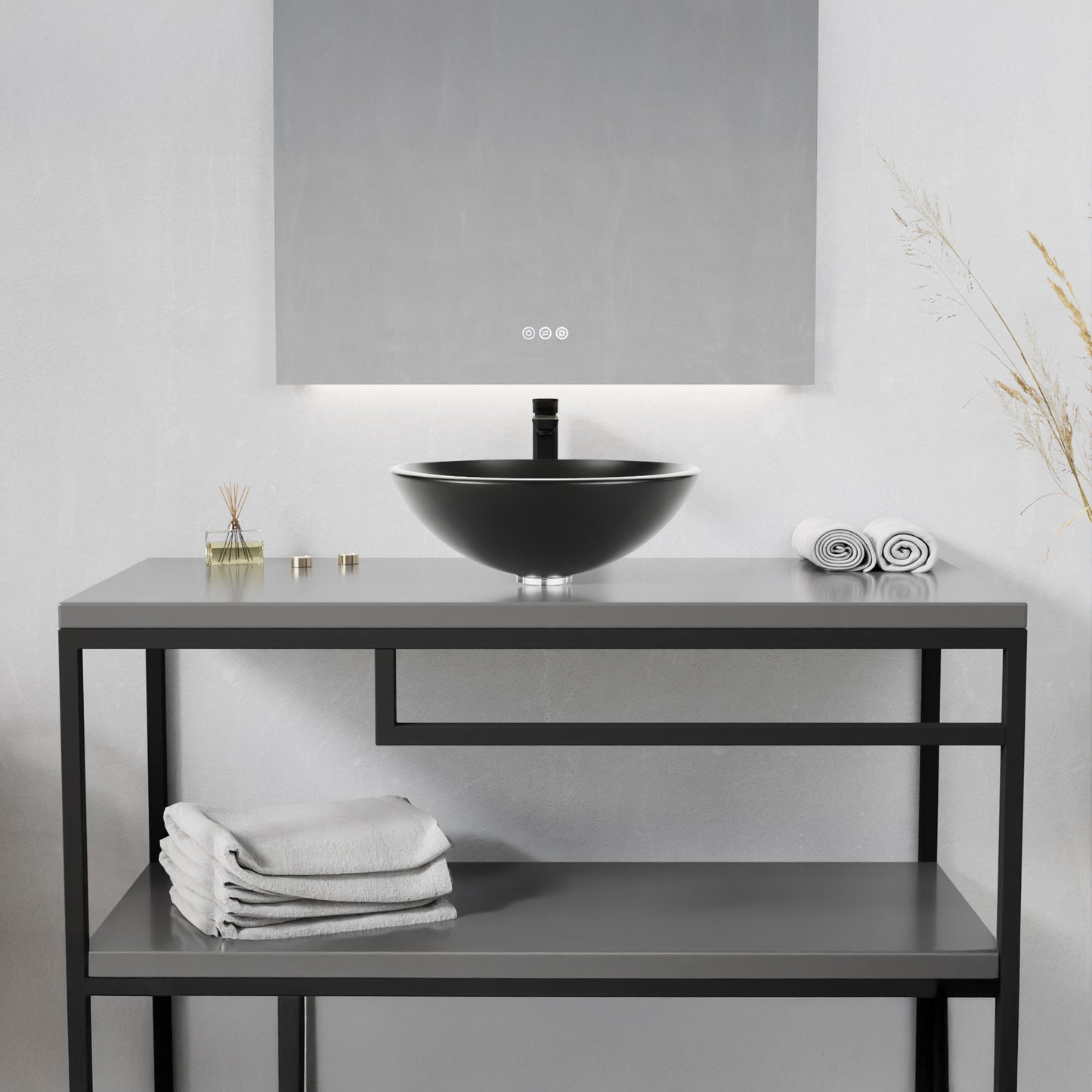Amalfi Series 17 in. L x 17 in. W Round Bathroom Vessel Sink in Matte Black Finish Glass with Chrome Pop-Up Drain