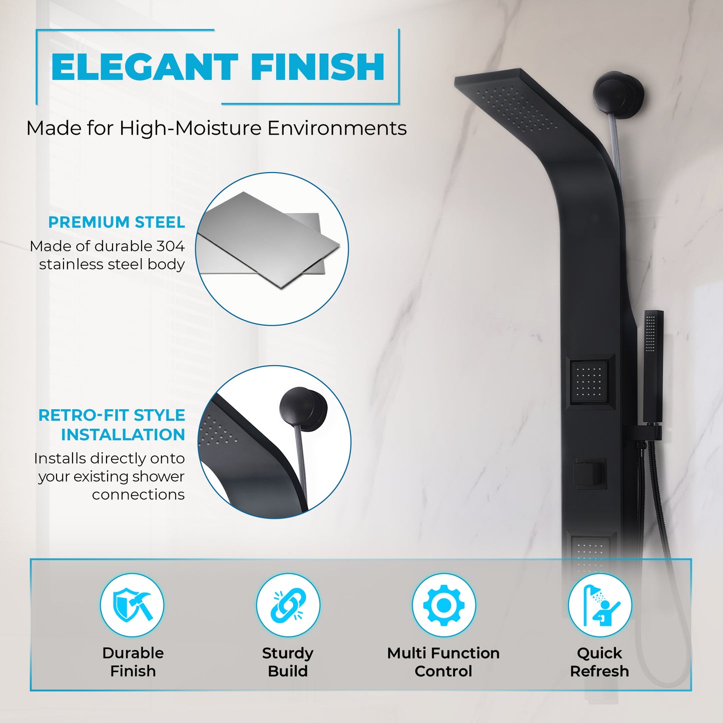 Aura 2-Jetted Shower Panel with Heavy Rain Shower & Spray Wand