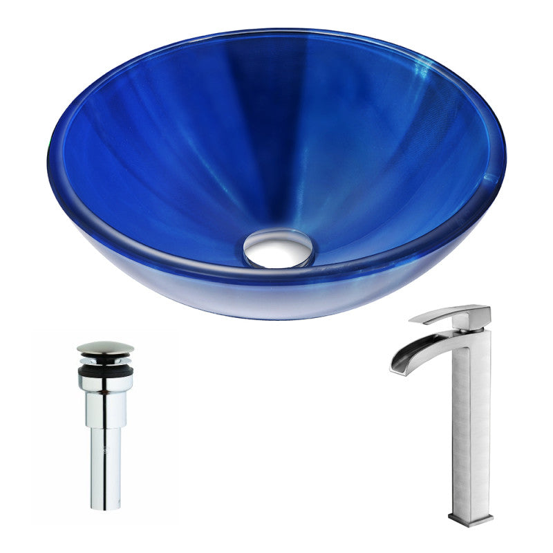 LSAZ051-097B - Meno Series Deco-Glass Vessel Sink in Lustrous Blue with Key Faucet in Brushed Nickel