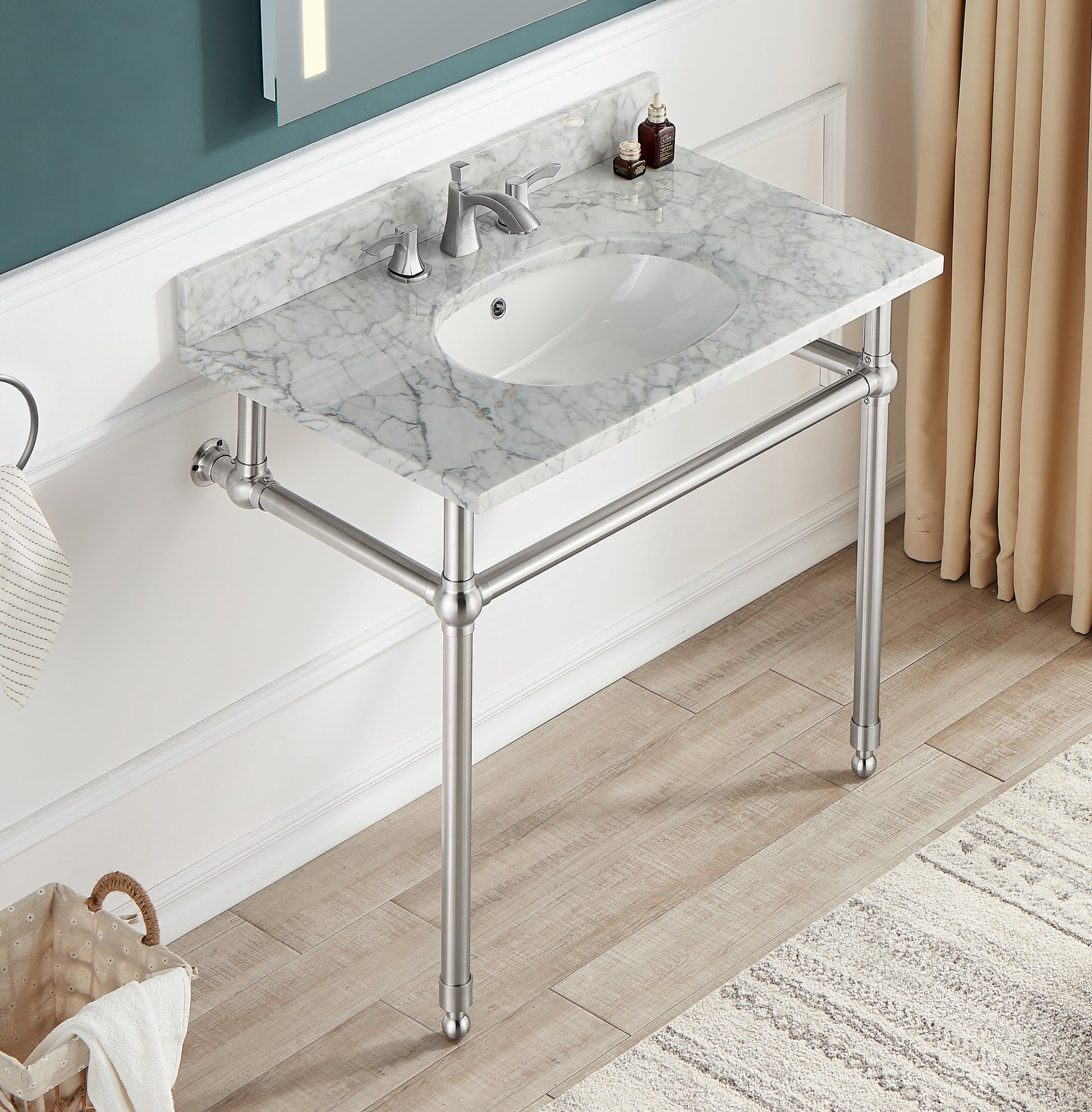 CS-FGC004-BN - Verona 34.5 in. Console Sink in Brushed Nickel with Carrara White Counter Top