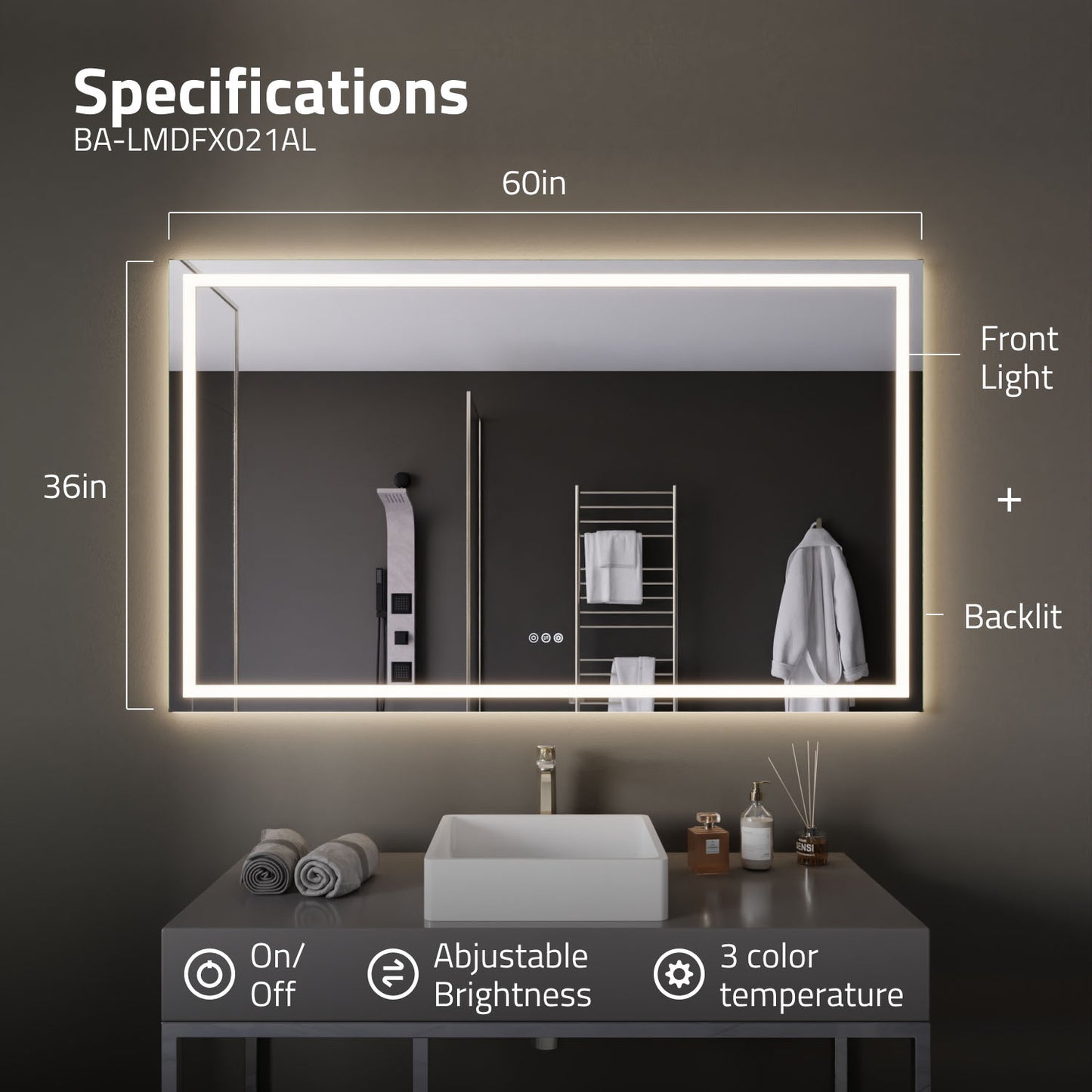 36-in. x 60-in. Frameless LED Front/Back Light Bathroom Mirror w/Defogger