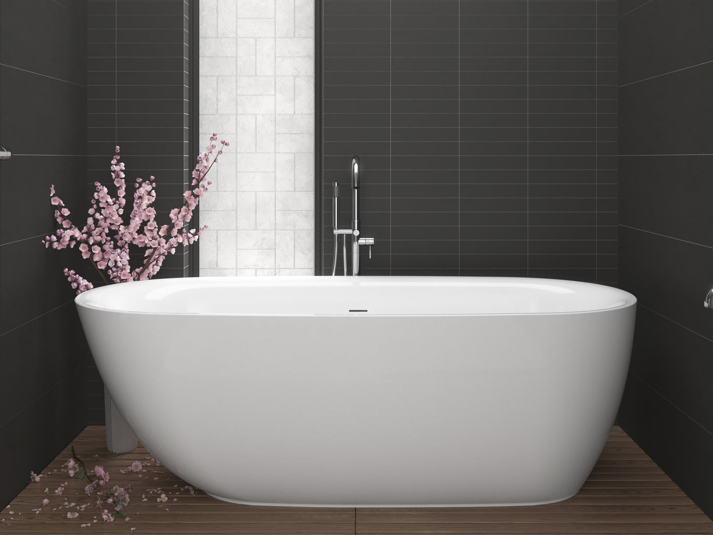 Ami Series 67 in. x 30 in. Flat Bottom Acrylic Freestanding 91 Gallon Soaking Bathtub with Center Drain in Glossy White