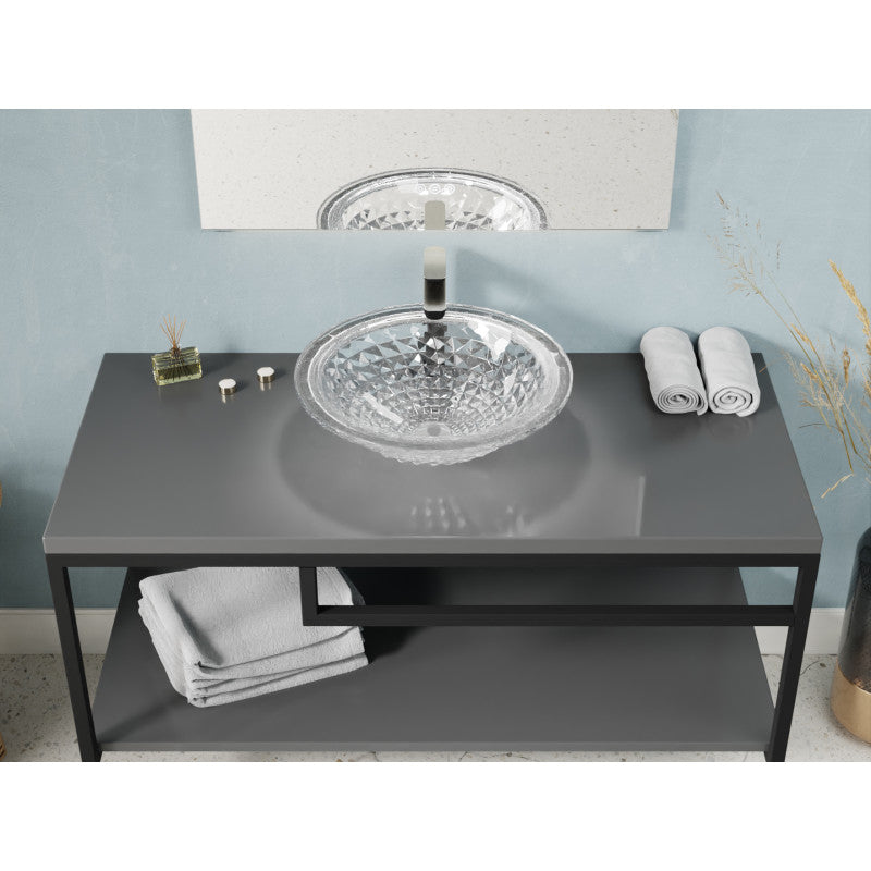 Diamante Round Clear Glass Vessel Bathroom Sink with Faceted Pattern