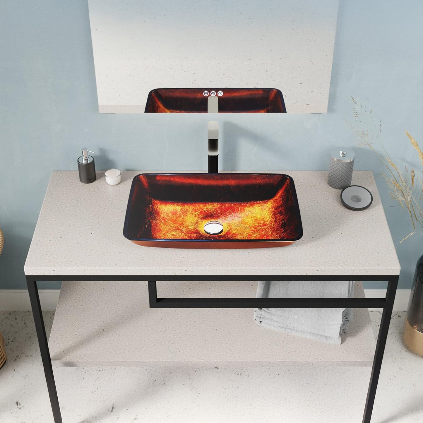 Paradiso Series 22 in. Rectangular Bathroom Vessel Sink in Celestial Bronze Finish Glass with Chrome Pop-Up Drain