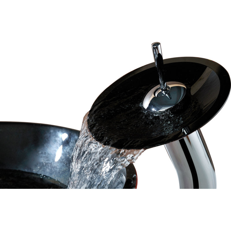 Chord Series Deco-Glass Vessel Sink in Lustrous Black and Red with Matching Chrome Waterfall Faucet