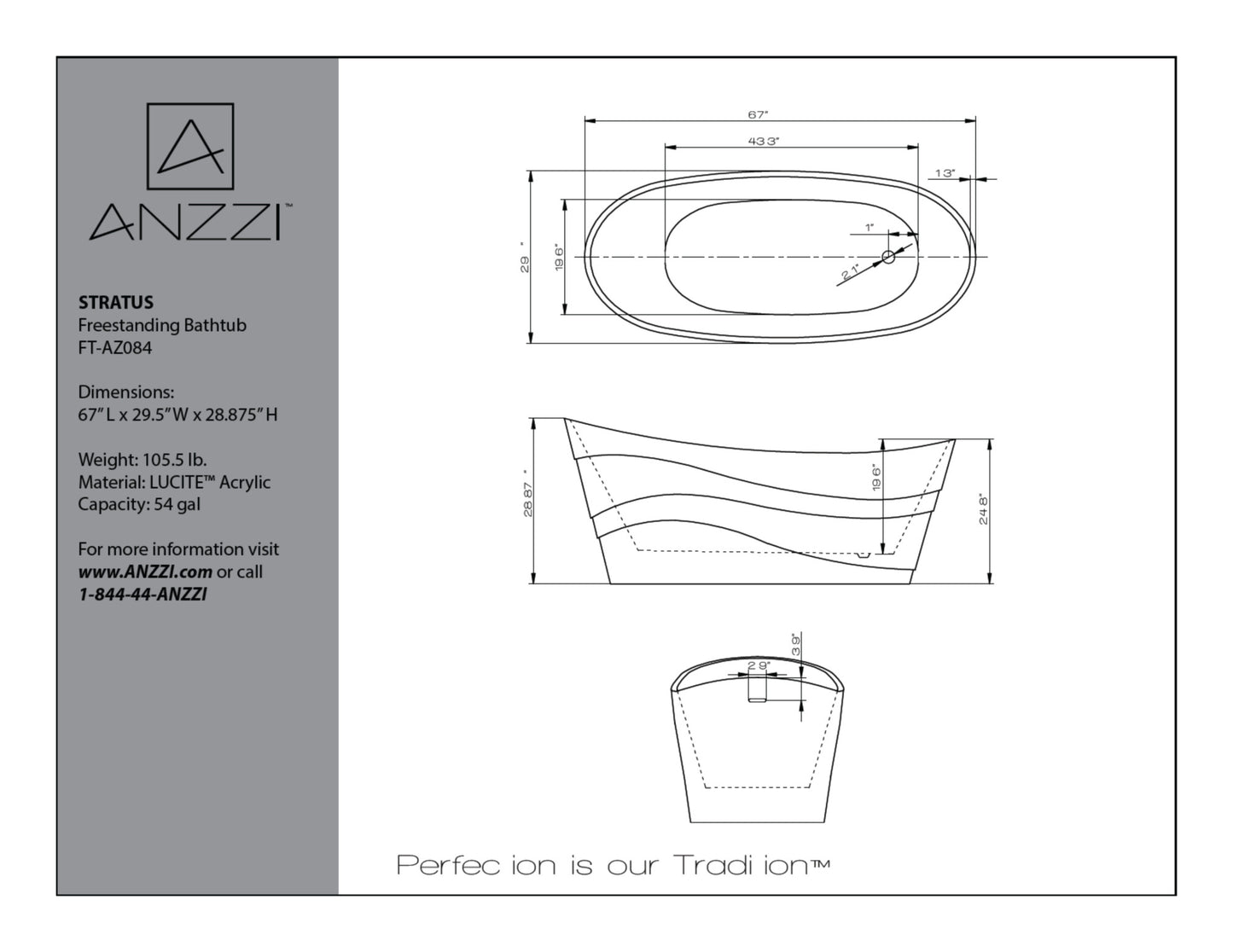 Stratus 5.6 ft. Acrylic Reversible Drain Freestanding Bathtub in Glossy White