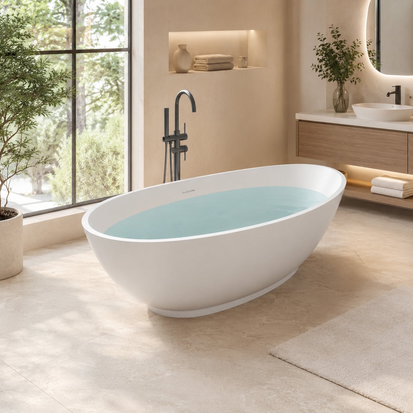 Ala Series 74 in. x 34 in. Flat Bottom Solid Surface Freestanding Soaking Bathtub with Center Drain in Matte White