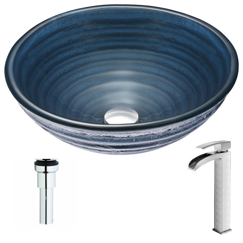 LSAZ042-097B - Tempo Series Deco-Glass Vessel Sink in Coiled Blue with Key Faucet in Brushed Nickel