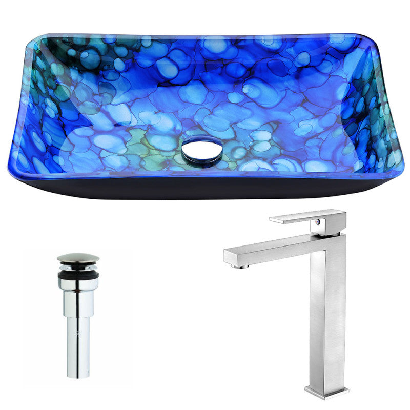 Voce Series Deco-Glass Vessel Sink in Lustrous Blue with Enti Faucet in Brushed Nickel