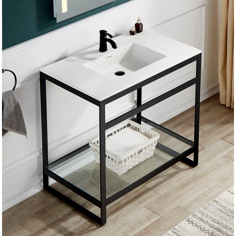 Orchard 36 in. Console Sink in Matte Black with Glossy White Counter Top