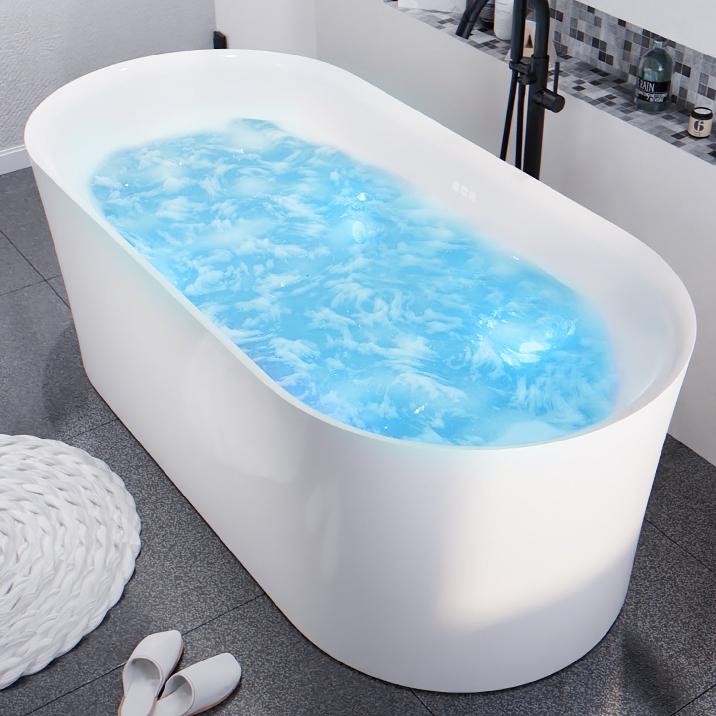 Jericho Series 67 in. x 32 in. Flat Bottom Acrylic Freestanding Air Jetted Bathtub with Center Drain in Glossy White