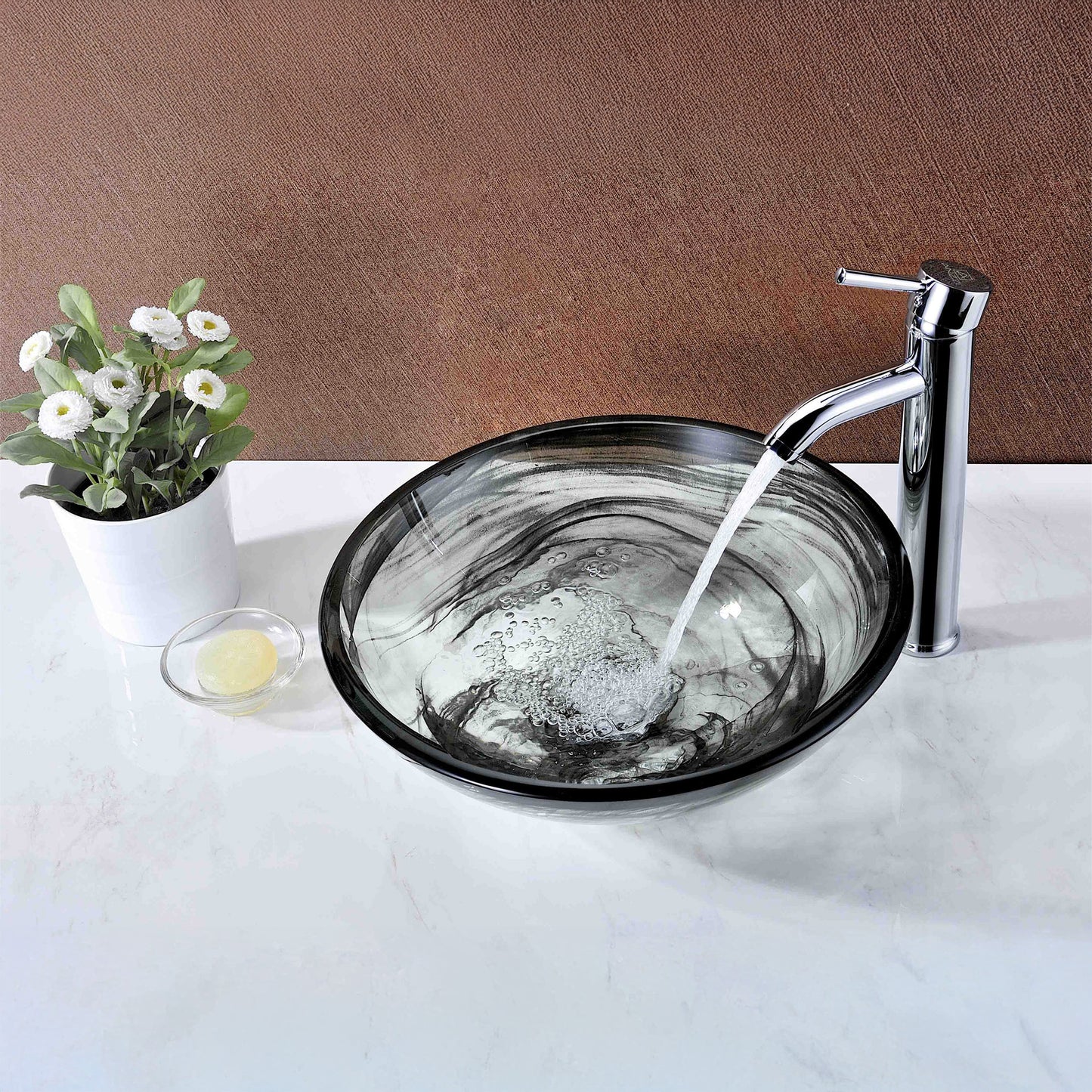 Mezzo Series 17 in. Round Bathroom Vessel Sink with Stain-Resistant Non-Porous Surface in Slumber Wisp Finish Glass