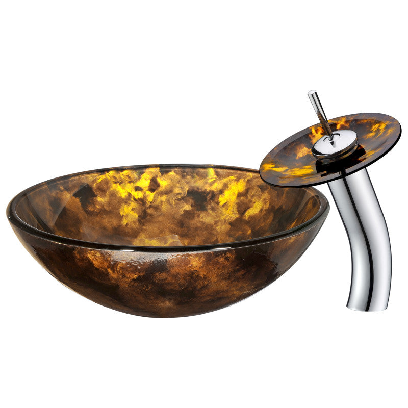 Timbre Series Deco-Glass Vessel Sink in Kindled Amber with Matching Chrome Waterfall Faucet