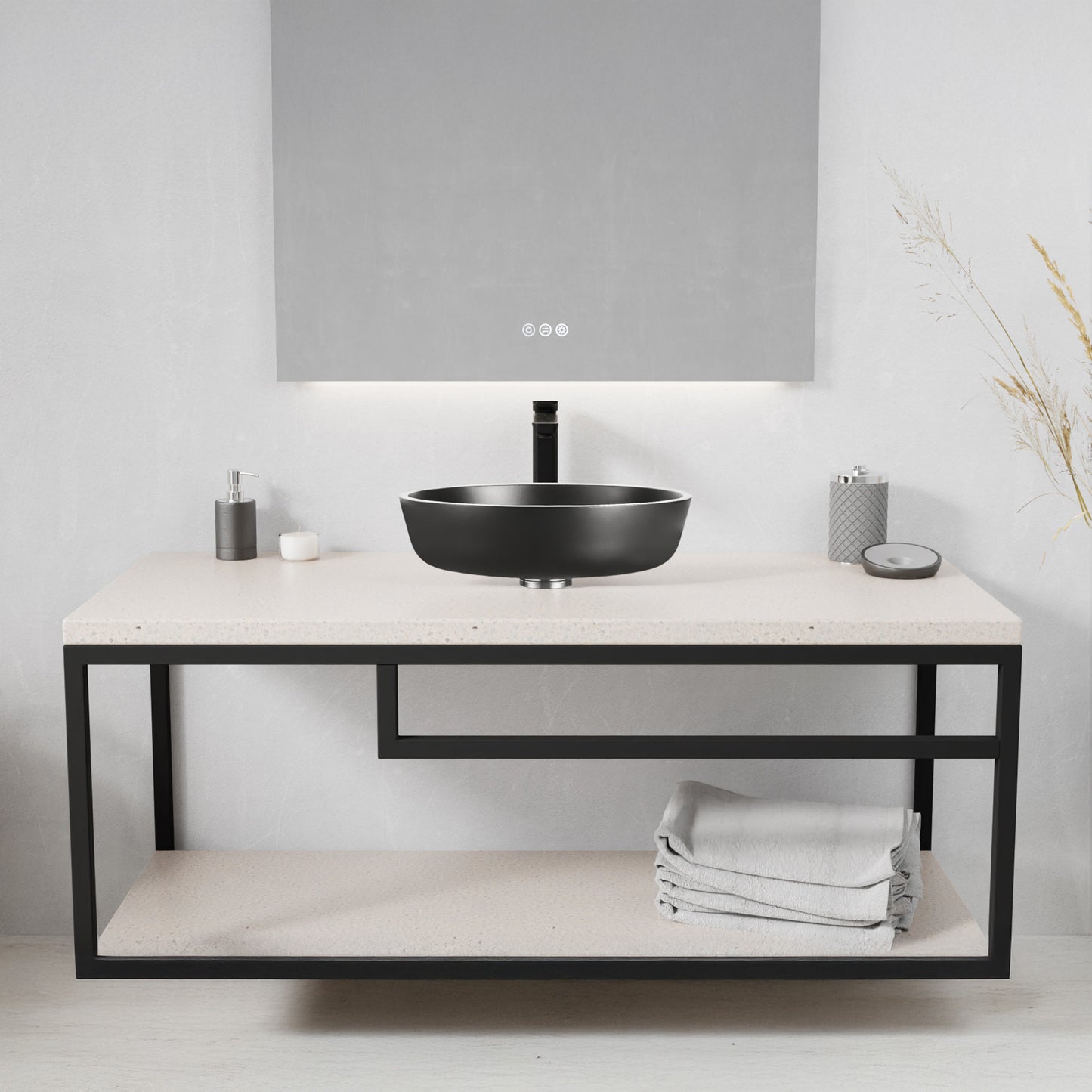 Allegro Series 17 in. L x 17 in. W Round Bathroom Vessel Sink in Matte Black Finish Glass with Chrome Pop-Up Drain