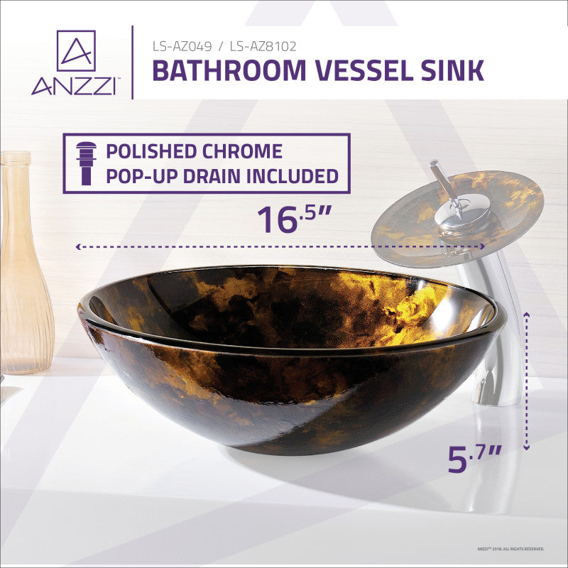 Timbre Series 17 in. Round Bathroom Vessel Sink in Kindled Amber Finish Glass with Matching Chrome Waterfall Faucet