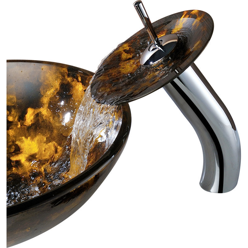 Timbre Series Deco-Glass Vessel Sink in Kindled Amber with Matching Chrome Waterfall Faucet