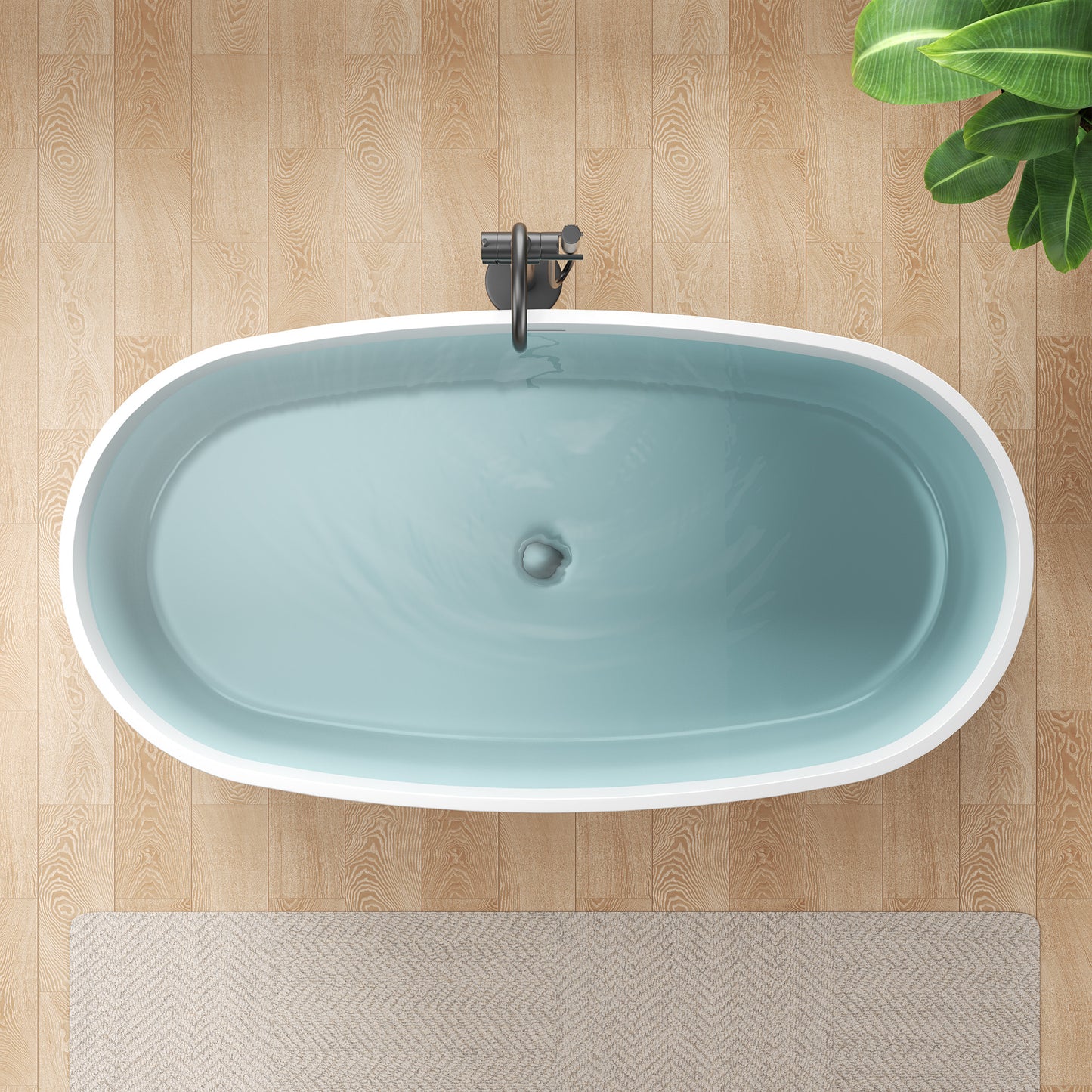 Roccia Series 61 in. x 31 in. Flat Bottom Solid Surface Freestanding Soaking Bathtub with Center Drain in Matte White