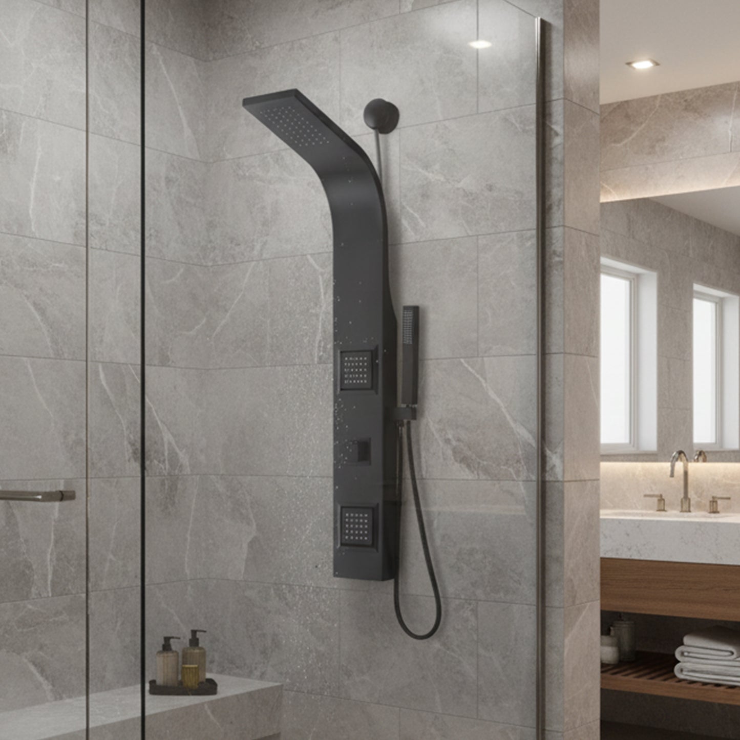 Aura 2-Jetted Shower Panel with Heavy Rain Shower & Spray Wand