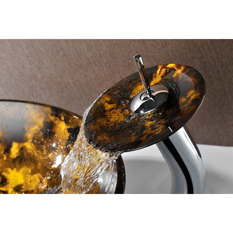 Timbre Series 17 in. Round Bathroom Vessel Sink in Kindled Amber Finish Glass with Matching Chrome Waterfall Faucet