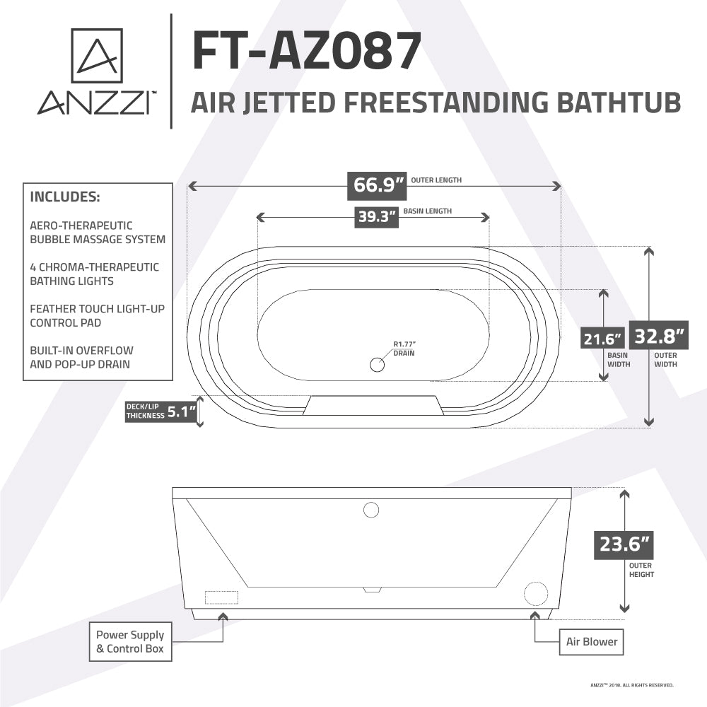 Jetson Series 67" Air Jetted Freestanding Acrylic Bathtub in White