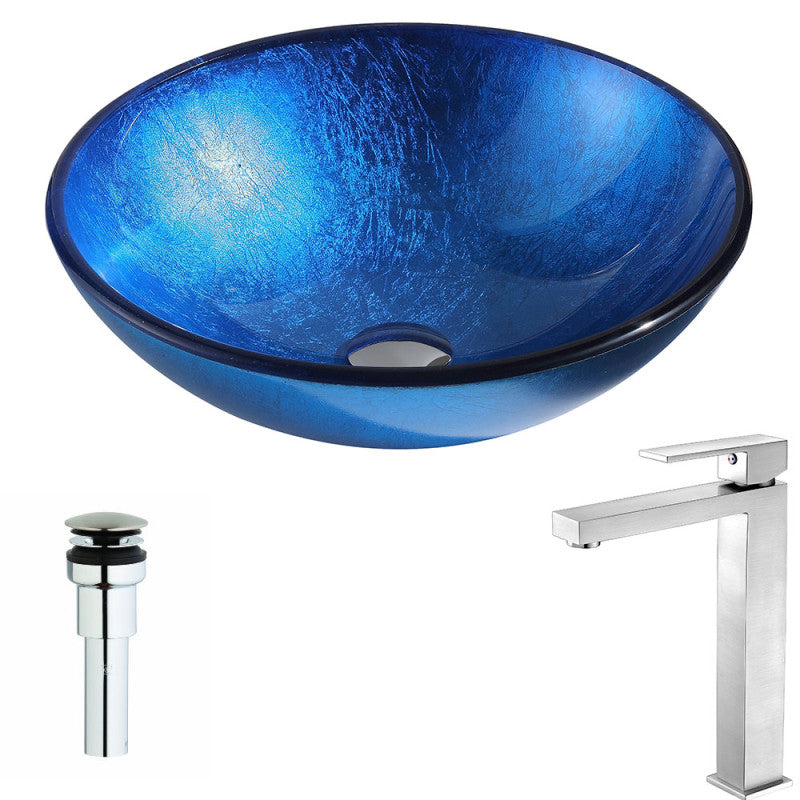 LSAZ027-096B - Clavier Series Deco-Glass Vessel Sink in Lustrous Blue with Enti Faucet in Brushed Nickel