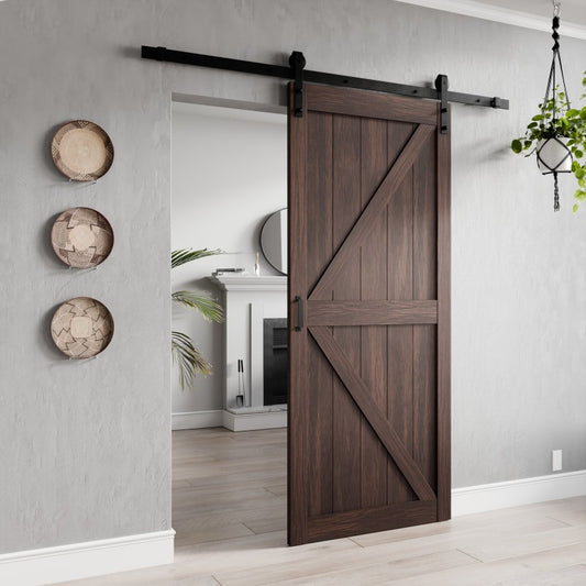 ID-AZBD03 - Skocjan Series 36 in. x 84 in. Rustic Wood Finish MDF Interior Sliding Barn Door with Hardware Kit in Matte Black