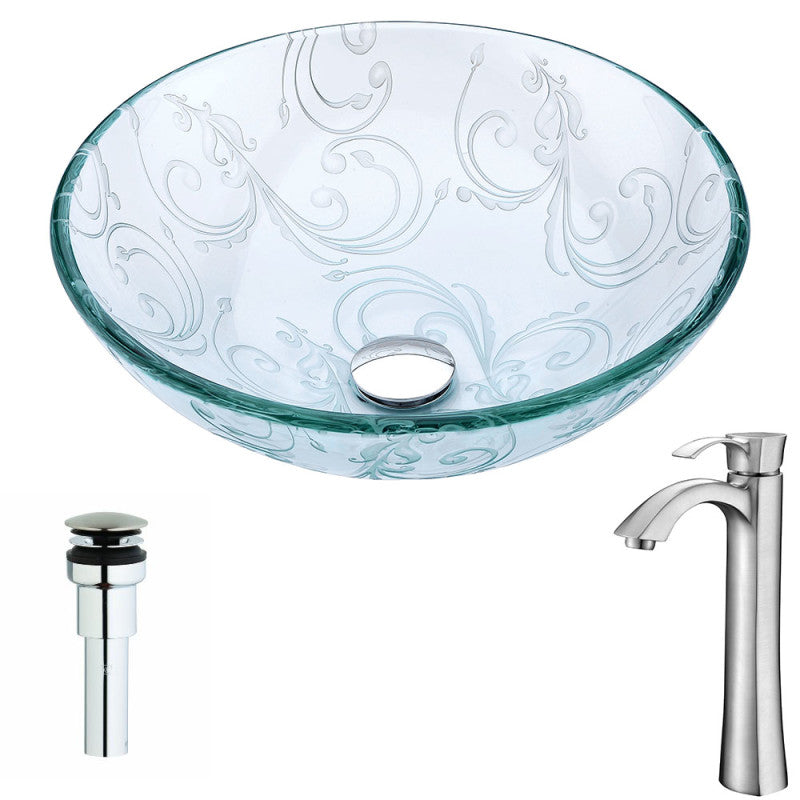 LSAZ065-095B - Vieno Series Deco-Glass Vessel Sink in Crystal Clear Floral with Harmony Faucet in Brushed Nickel