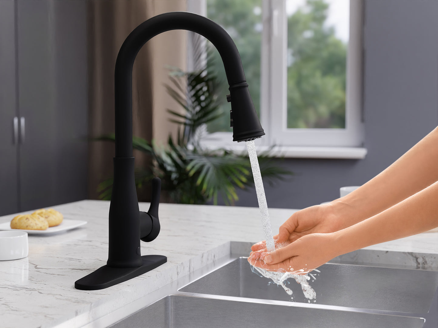 KF-AZ301MB - Sifo Hands Free Touchless 1-Handle Pull-Down Sprayer Kitchen Faucet with Motion Sense and Fan Sprayer in Matte Black