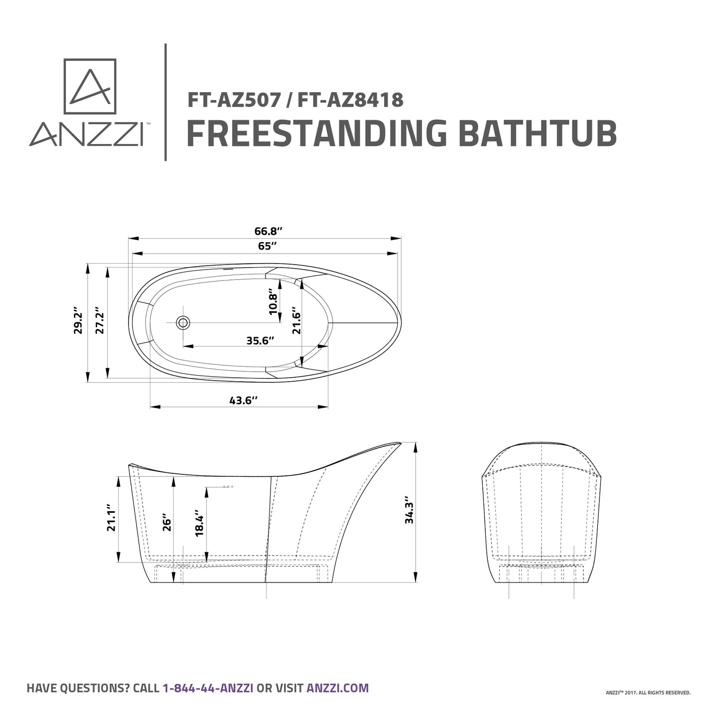 Tuasavi Series 68 in. x 29 in. Flat Bottom Solid Surface Freestanding Soaking Bathtub with Center Drain in Matte White