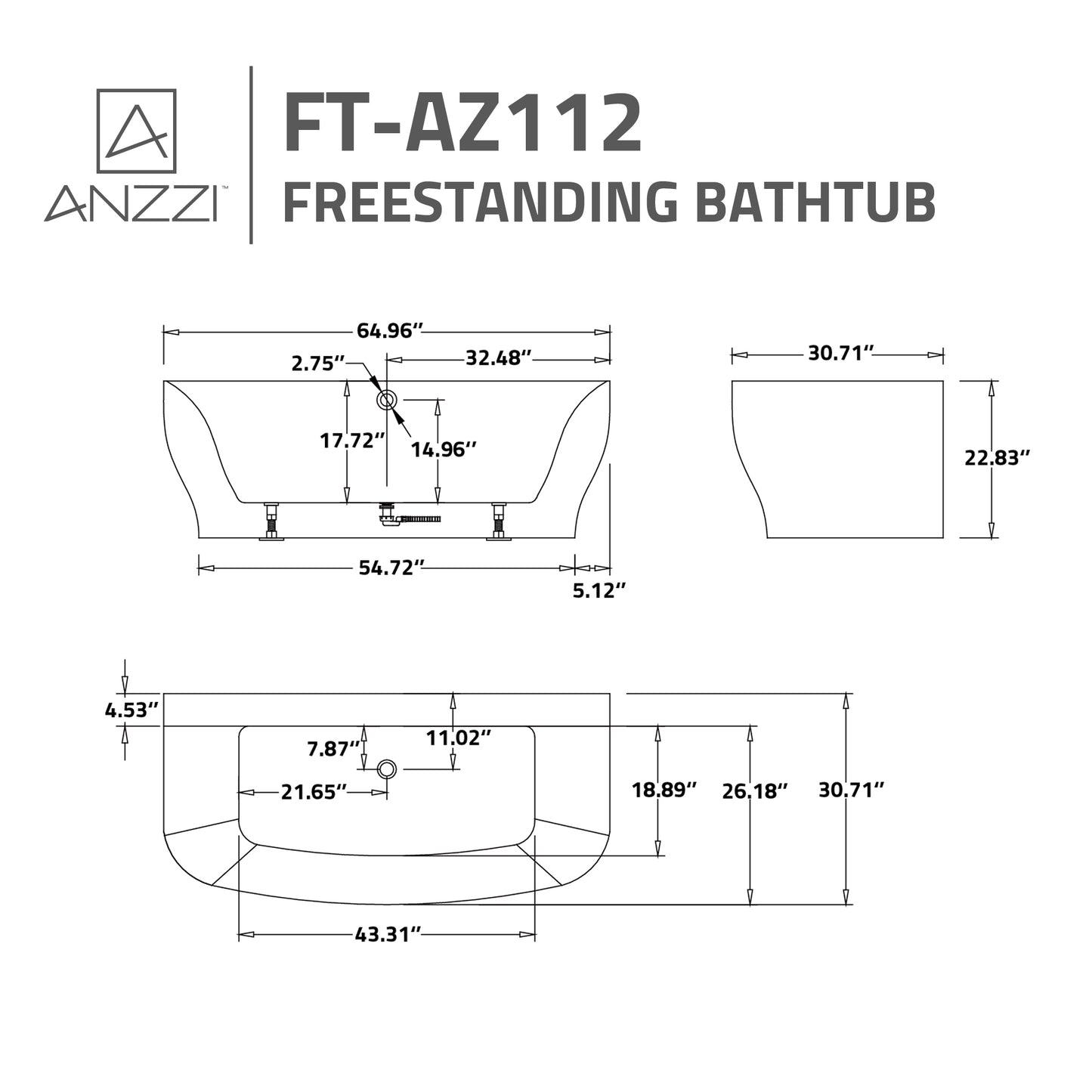 5.41 ft. Freestanding Bathtub in White