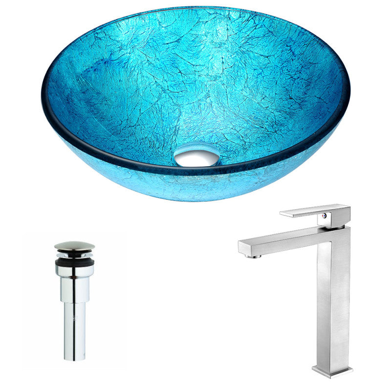 LSAZ047-096B - Accent Series Deco-Glass Vessel Sink in Blue Ice with Enti Faucet in Brushed Nickel